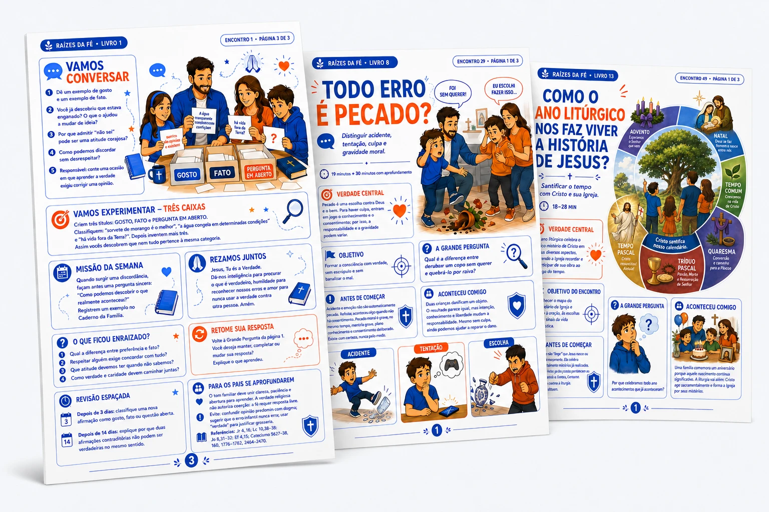 Mockup com três páginas reais dos encontros da Raízes da Fé